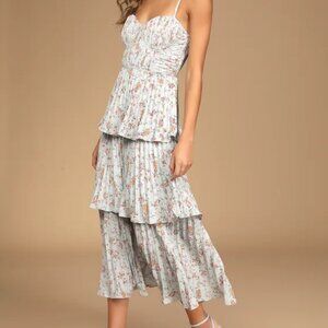 NWT - S - Cascading Crush Pale Blue Floral Print Tiered Bustier Midi Dress
